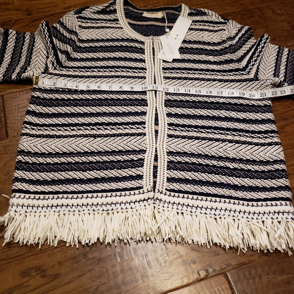 Tory Burch Payton Striped Tweed Fringe Cardigan - Picture 2 of 7